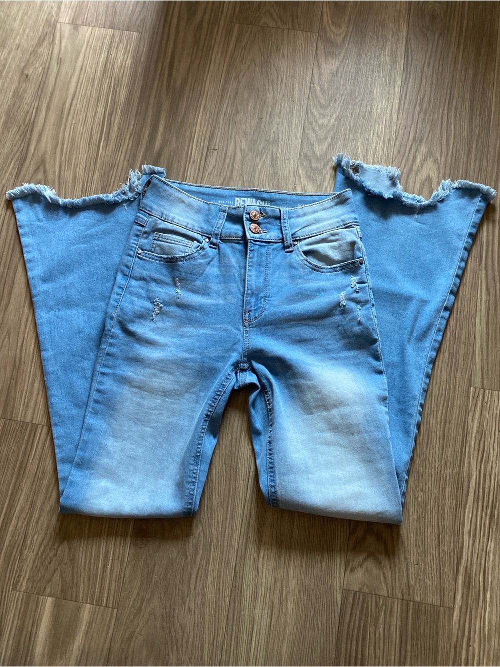 Rewash High Rise Flare Jeans Size 27 Raw Hem Stretch Light Wash